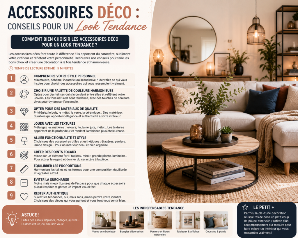 Salon moderne décoré avec des accessoires déco tendance, comprenant un miroir design, des coussins, des plantes, des luminaires et une table basse en bois pour créer une ambiance chaleureuse et élégante.