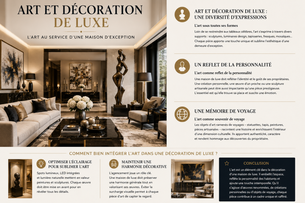 Salon de luxe décoré avec des œuvres d'art contemporaines, une sculpture design, un mobilier haut de gamme et un éclairage mettant en valeur une décoration intérieure élégante.