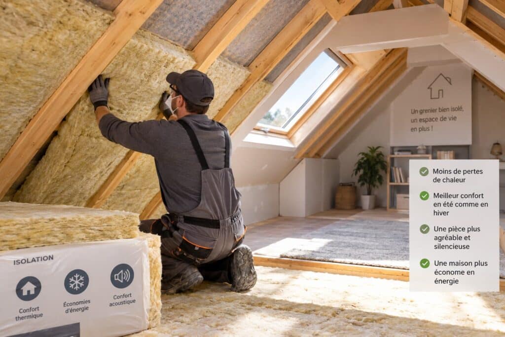 Artisan posant une isolation thermique entre les chevrons d’un grenier aménagé et lumineux avec fenêtre de toit, afin de transformer les combles en pièce habitable confortable