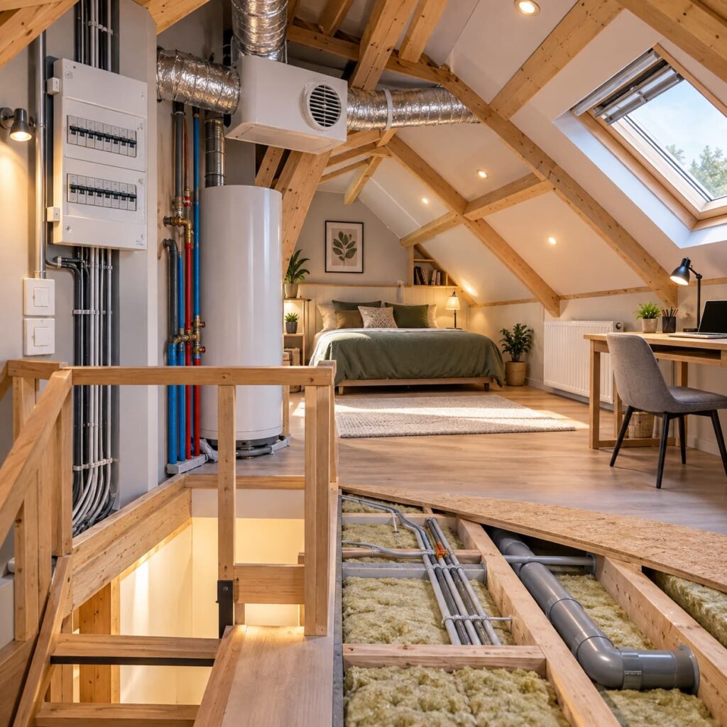 Grenier aménagé en chambre et bureau avec fenêtre de toit, escalier, chauffage, ventilation, installation électrique et isolation sous le plancher