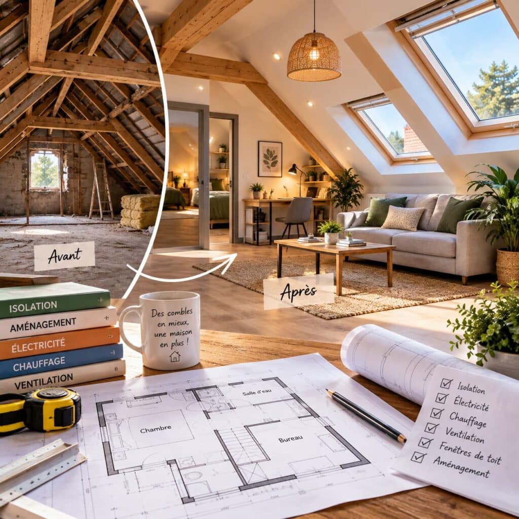 Transformation d’un grenier inutilisé en pièce habitable avec isolation, fenêtres de toit, électricité, chauffage, ventilation et plan d’aménagement des combles
