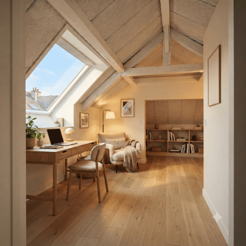 Grenier aménagé en bureau et espace de détente chaleureux, lumineux grâce à une grande fenêtre de toit inclinée sur la gauche, offrant une vue sur des toits