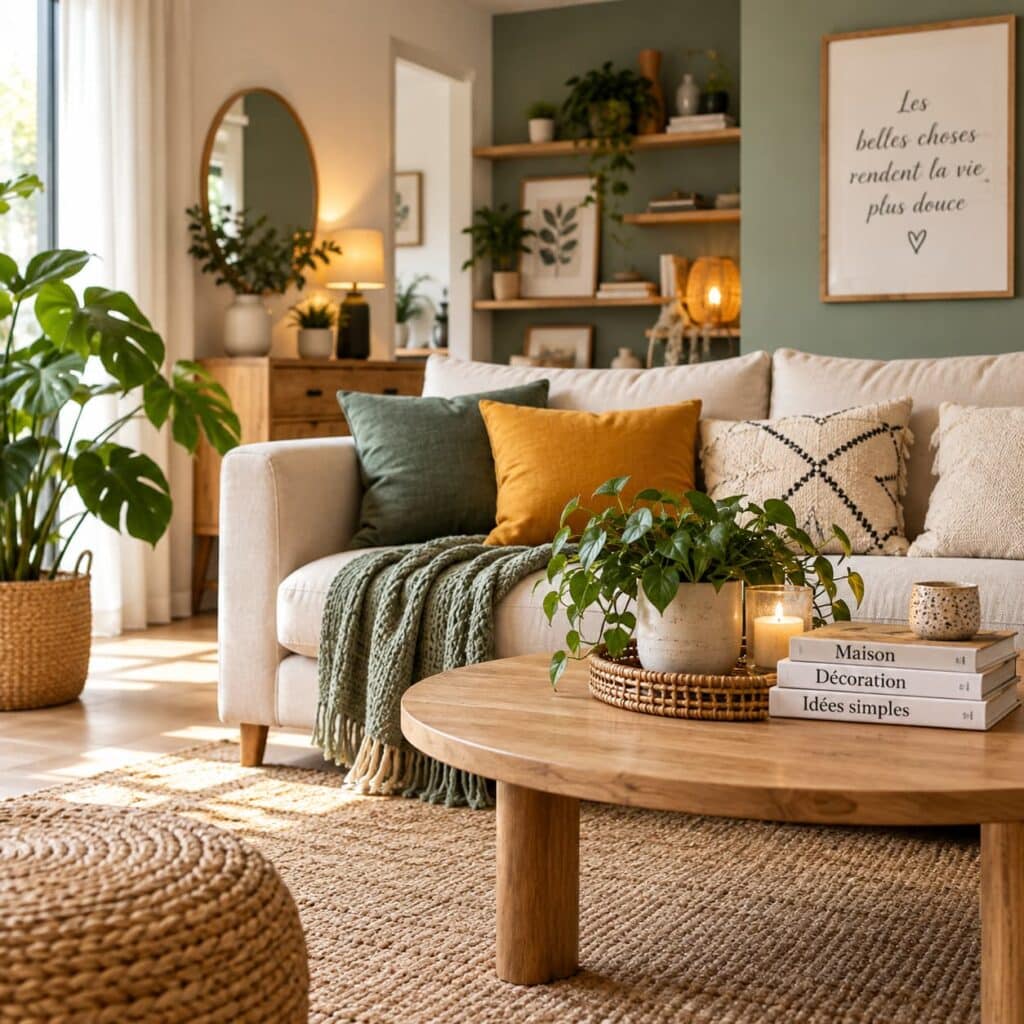 Salon élégant décoré avec goût à moindre coût, mobilier en bois, plantes, textiles naturels et accessoires chaleureux
