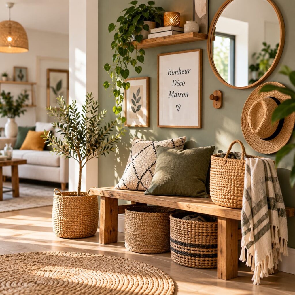 Entrée décorée avec goût avec banc en bois, miroir, plantes, paniers et accessoires en matières naturelles