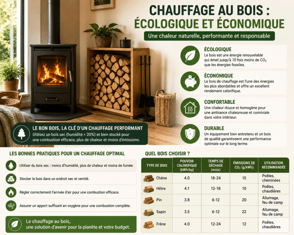 Poêle à bois moderne avec bûches de chauffage correctement stockées, illustrant un chauffage écologique, économique et performant pour la maison.