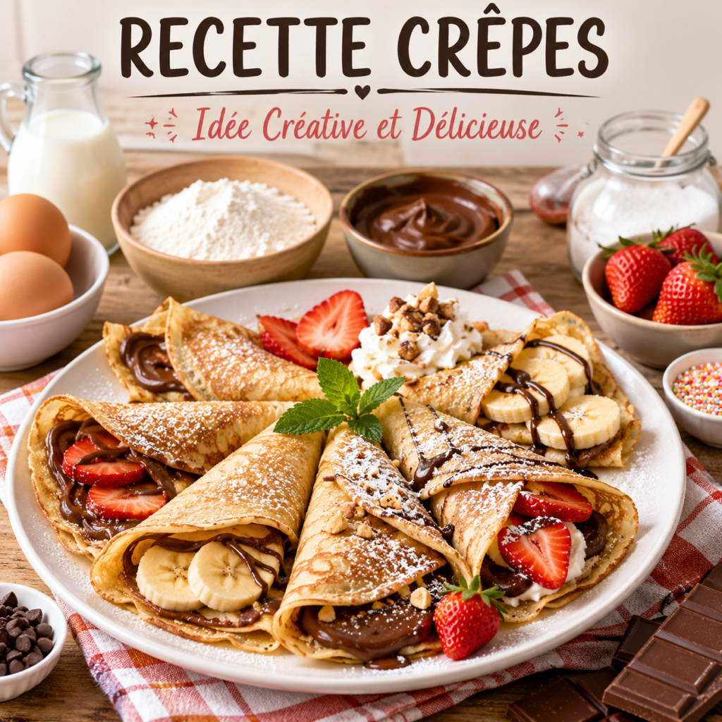 Assiette de crêpes maison garnies de fruits frais, chocolat et sucre glace, présentées sur une table conviviale pour une recette gourmande et créative.