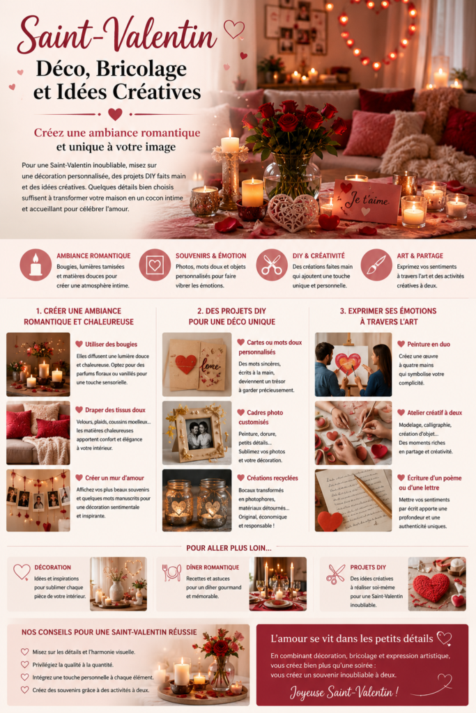 Décoration de Saint-Valentin avec bougies, roses rouges, créations DIY, coussins et ambiance romantique pour un intérieur chaleureux et personnalisé.