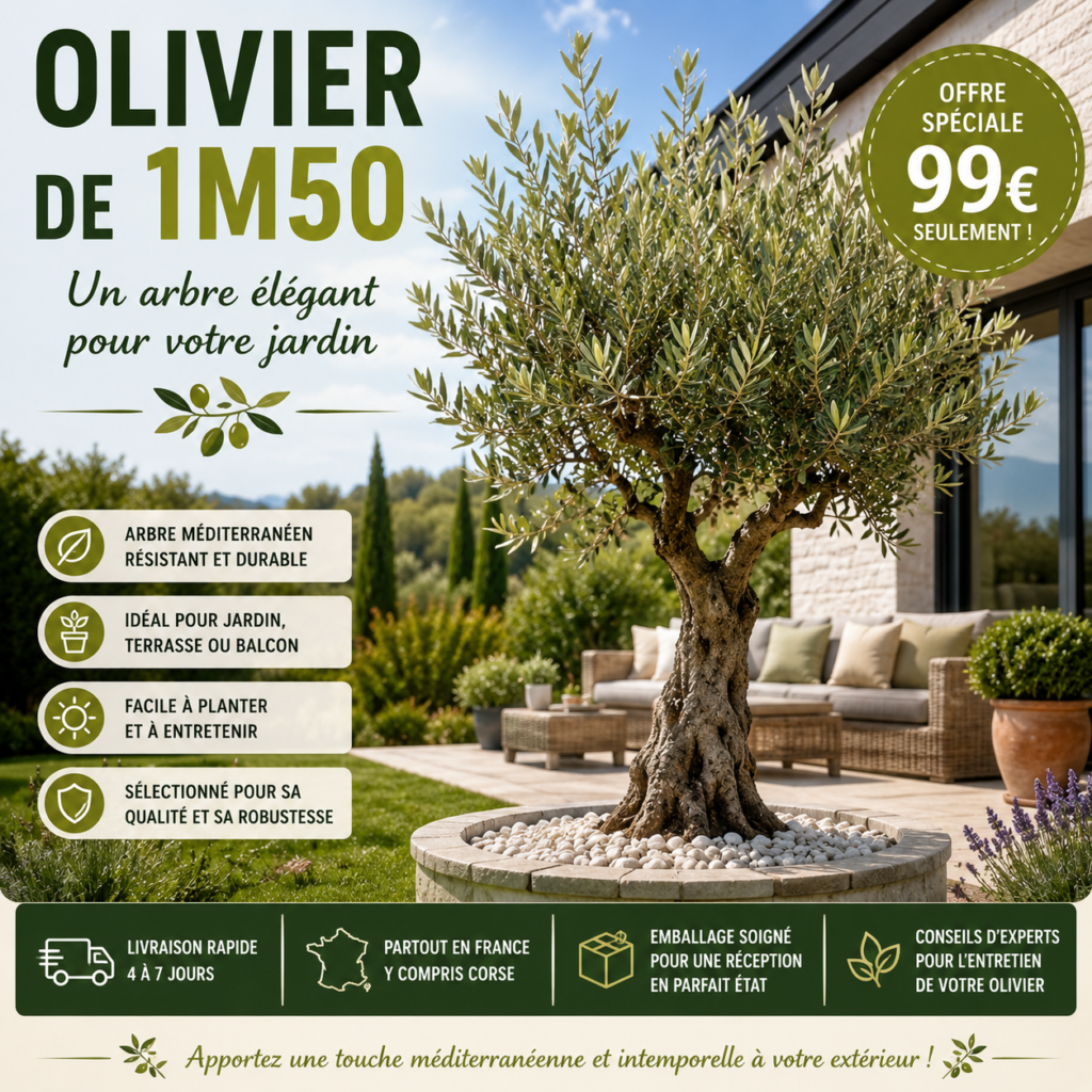 Olivier méditerranéen de 1,50 m planté dans un jardin avec terrasse, illustrant un arbre décoratif idéal pour aménager un espace extérieur élégant et naturel.