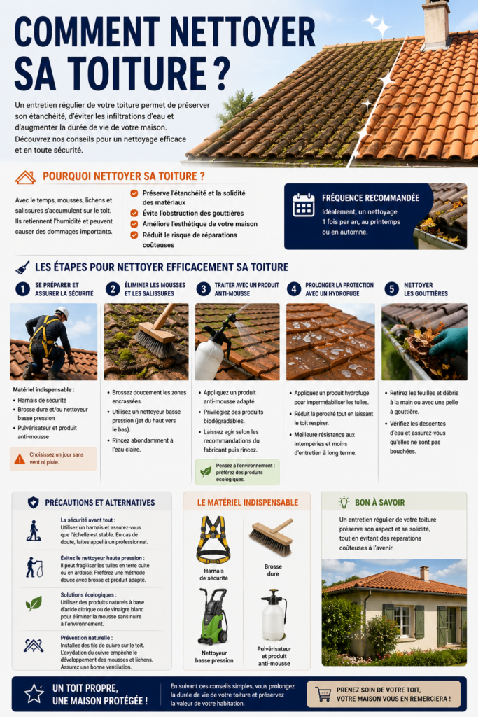 Artisan nettoyant une toiture en tuiles avec un harnais de sécurité, une brosse et un traitement anti-mousse afin de préserver l'étanchéité et la durabilité du toit.