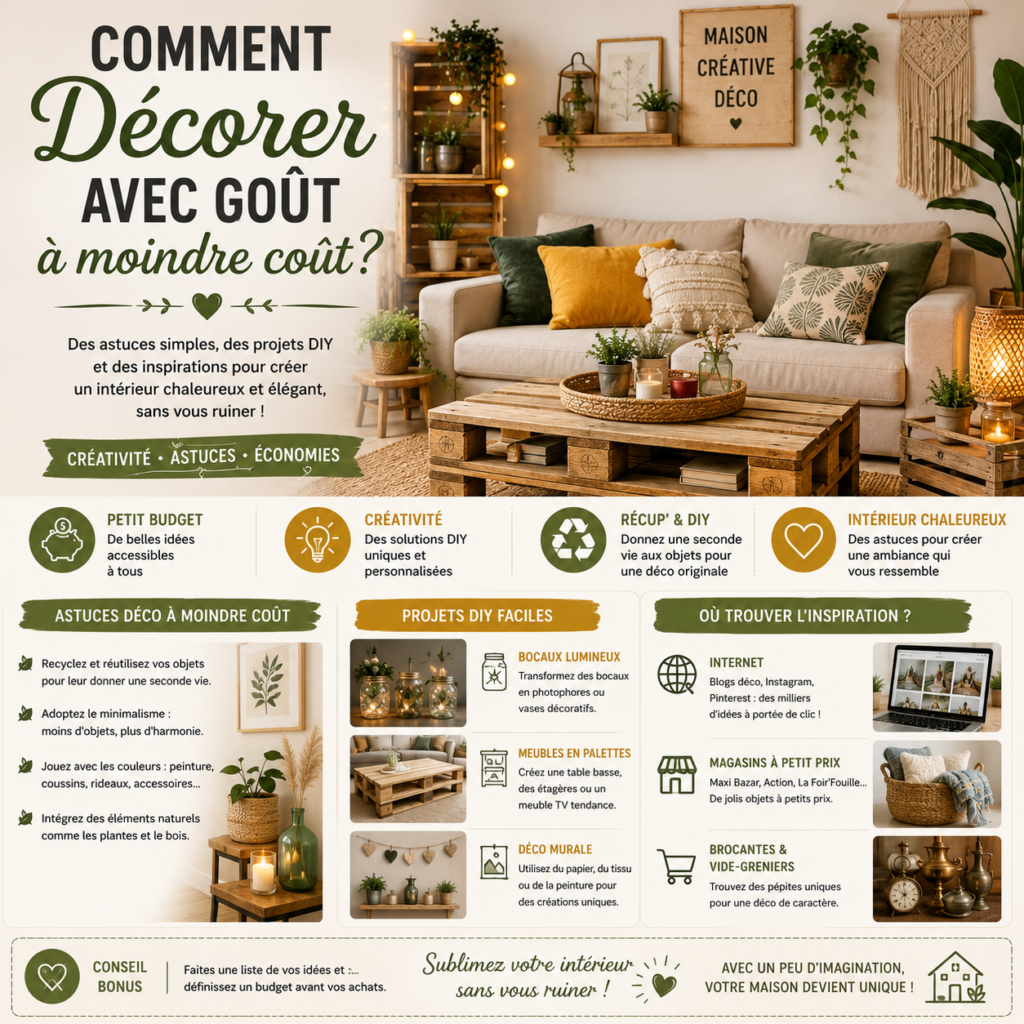 Salon cosy décoré avec des meubles en bois, des objets DIY, des plantes vertes et des accessoires déco à petit prix pour créer un intérieur élégant et chaleureux.