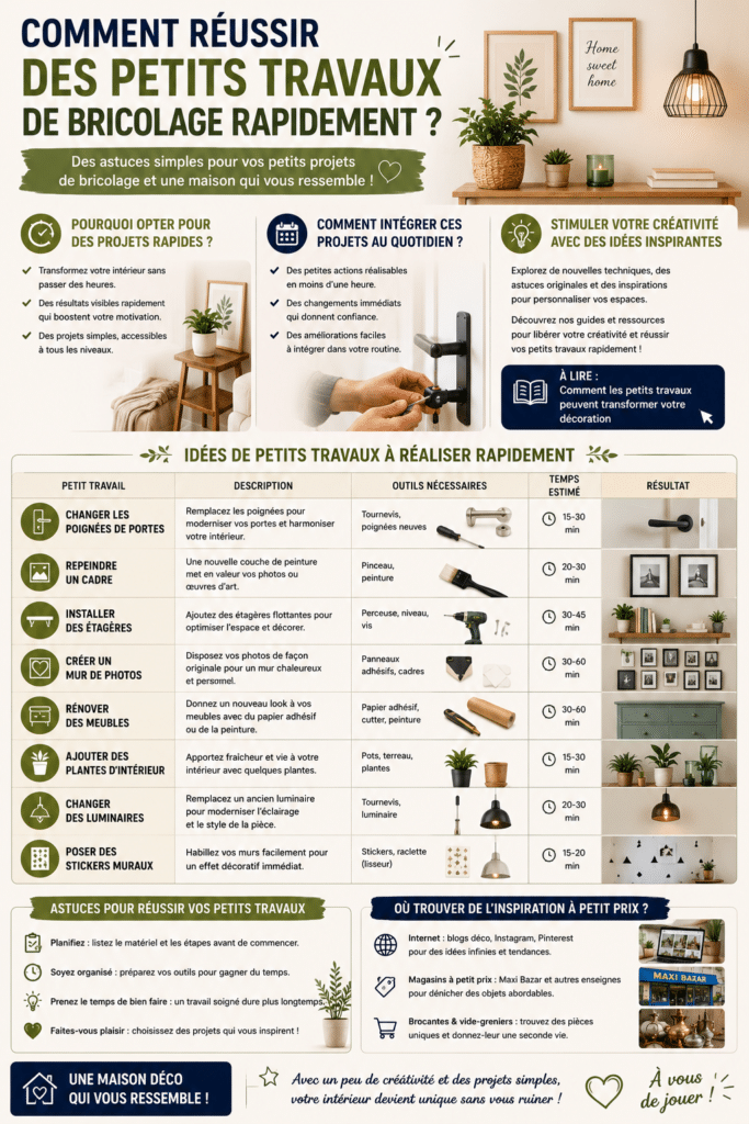 Petits travaux de bricolage réalisés avec des outils simples pour installer des étagères, rénover des meubles et transformer rapidement un intérieur.