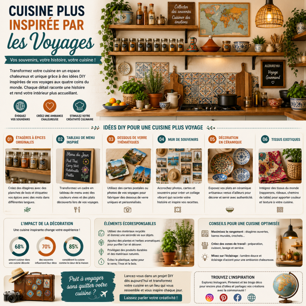 Cuisine décorée avec des souvenirs de voyage, des étagères à épices, de la vaisselle artisanale, des plantes aromatiques et une décoration chaleureuse inspirée des cultures du monde.