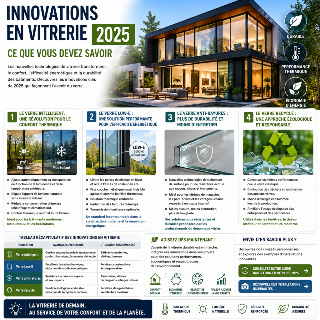Maison moderne équipée de grandes baies vitrées intelligentes illustrant les innovations en vitrerie 2025, avec vitrage performant, isolation thermique et design contemporain.