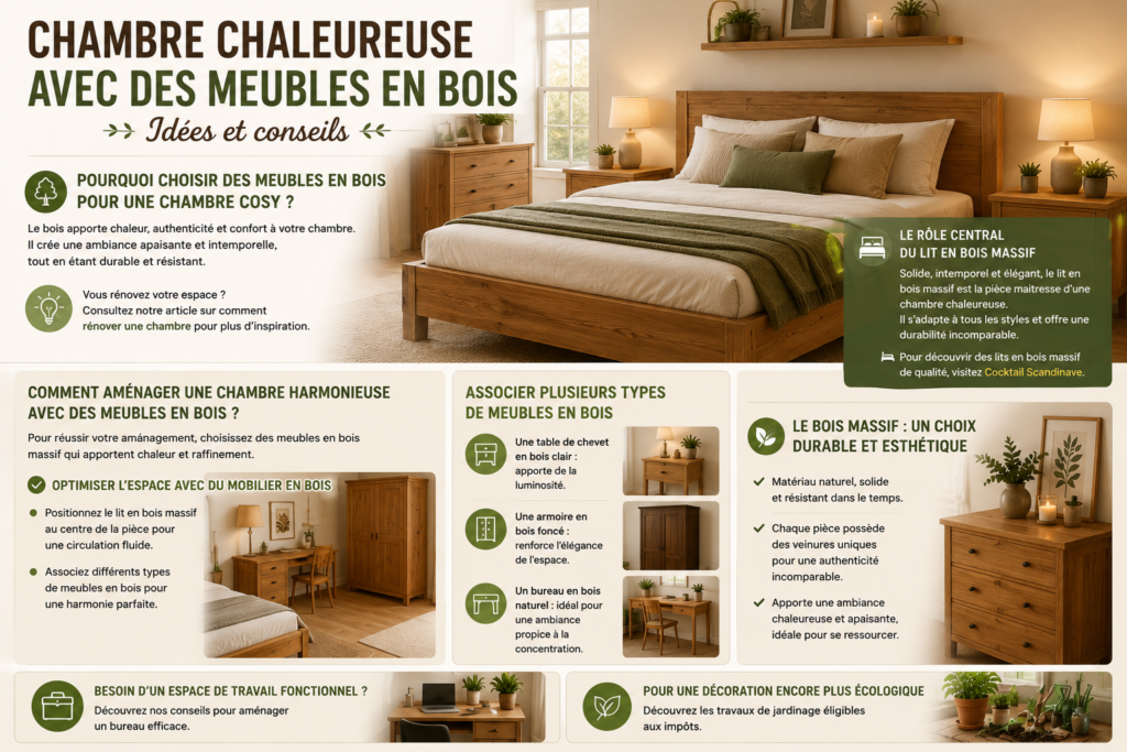 Chambre chaleureuse avec un lit en bois massif, des meubles en bois naturel, des textiles beiges et une décoration cosy créant une ambiance apaisante et élégante