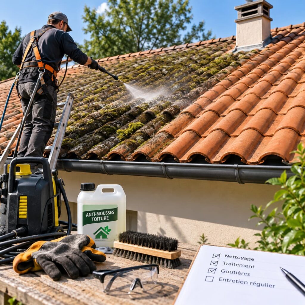 Professionnel nettoyant une toiture en tuiles envahie par la mousse, avec équipement de sécurité, matériel anti-mousse et gouttières visibles