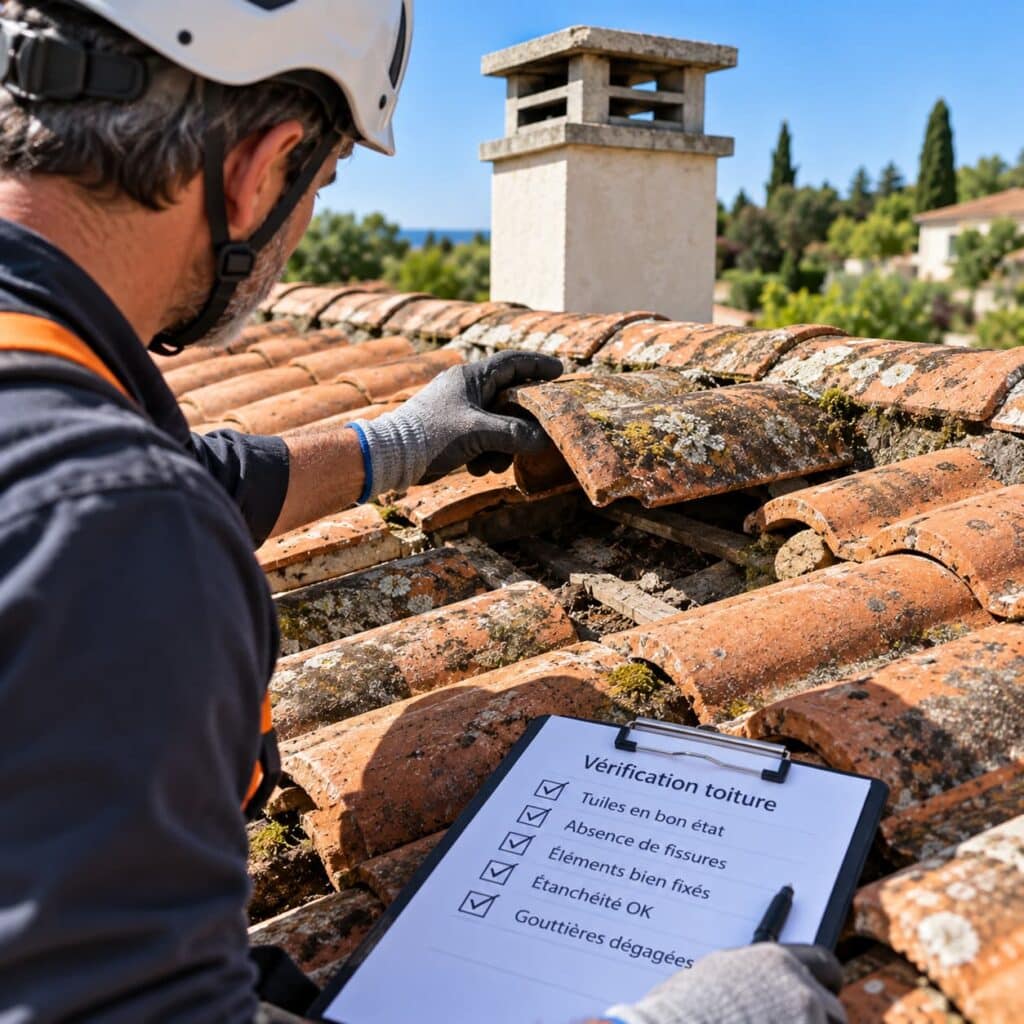 Professionnel équipé d’un harnais inspectant des tuiles anciennes couvertes de mousses et vérifiant l’état général de la toiture avant son entretien