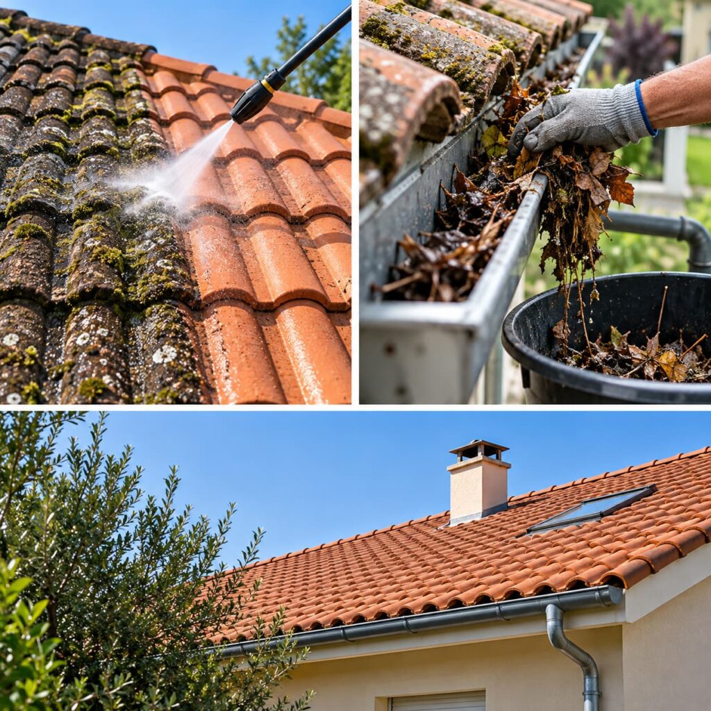Nettoyage d’une toiture en tuiles avec élimination des mousses, retrait des feuilles dans les gouttières et résultat après entretien