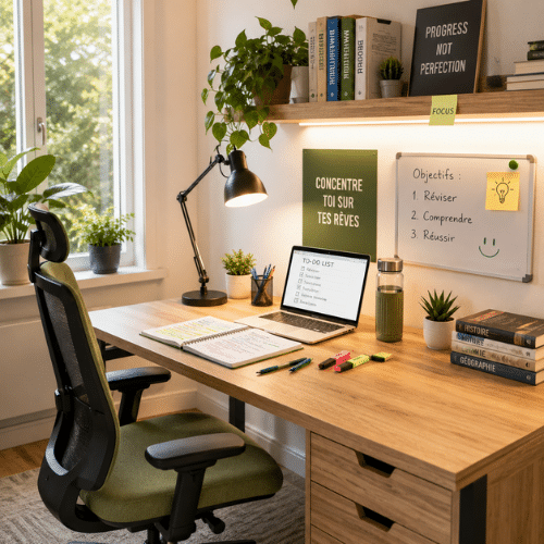Bureau de révisions ergonomique avec chaise confortable, lumière naturelle, rangements pratiques et espace de travail organisé pour favoriser la concentration.