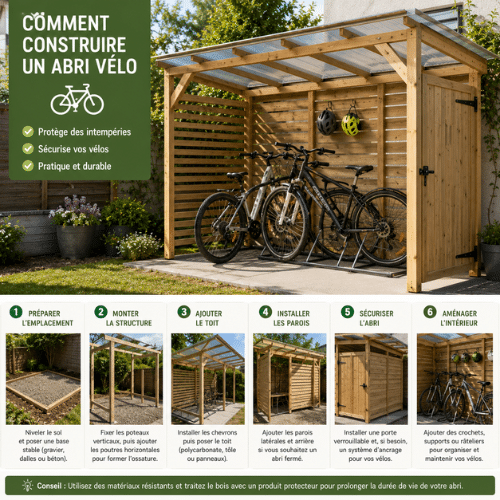 Abri vélo en bois avec toiture, structure robuste et espace sécurisé permettant de protéger plusieurs vélos des intempéries et du vol.