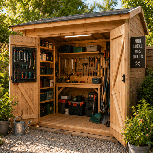 Local à outils en bois avec établi, panneaux perforés, rangements muraux et espace organisé pour stocker et protéger les outils de bricolage et de jardinage.