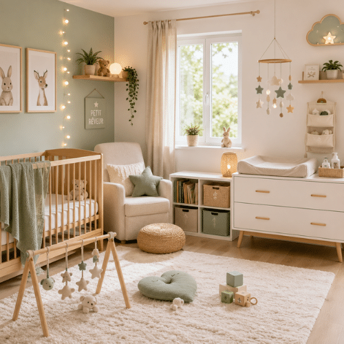 Chambre de bébé rénovée avec lit à barreaux sécurisé, table à langer, mobilier en bois, décoration douce et espace de jeux favorisant le bien-être de l'enfant.