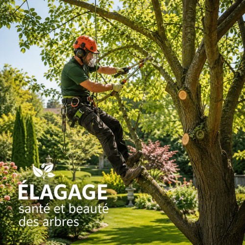 Élagueur professionnel réalisant la taille d'un arbre dans un jardin afin de préserver sa santé, sa croissance et son esthétique.