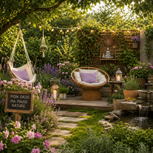 Retraite au jardin aménagée avec un mobilier confortable, des plantes fleuries et une décoration zen pour créer un véritable havre de paix.