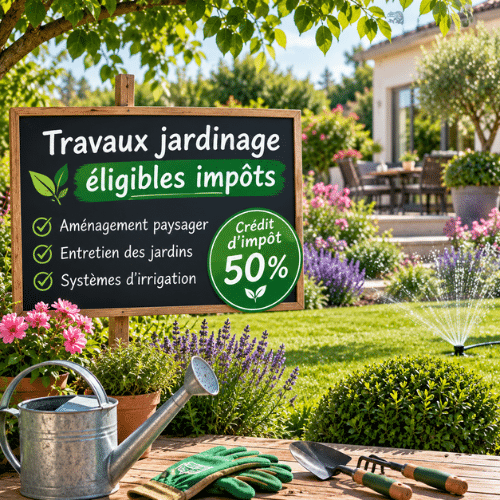 Travaux de jardinage éligibles au crédit d'impôt avec entretien du jardin, aménagement paysager et système d'irrigation dans un espace extérieur résidentiel.