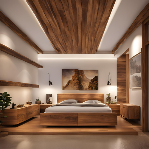 chambre chaleureuse avec des meubles en bois