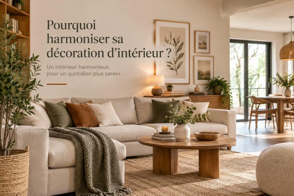 Salon à la décoration intérieure harmonieuse avec couleurs naturelles, mobilier en bois, textiles, plantes et éclairage chaleureux