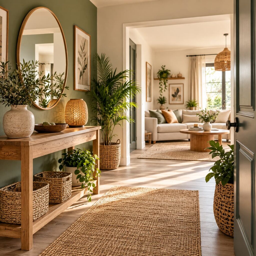 Entrée et salon harmonisés avec zones fonctionnelles, mobilier en bois, matières naturelles, plantes et circulation dégagée