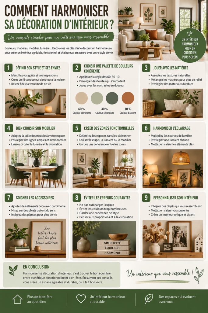 Infographie des conseils pour harmoniser sa décoration intérieure : couleurs, matières, mobilier, éclairage, accessoires et règle 60-30-10
