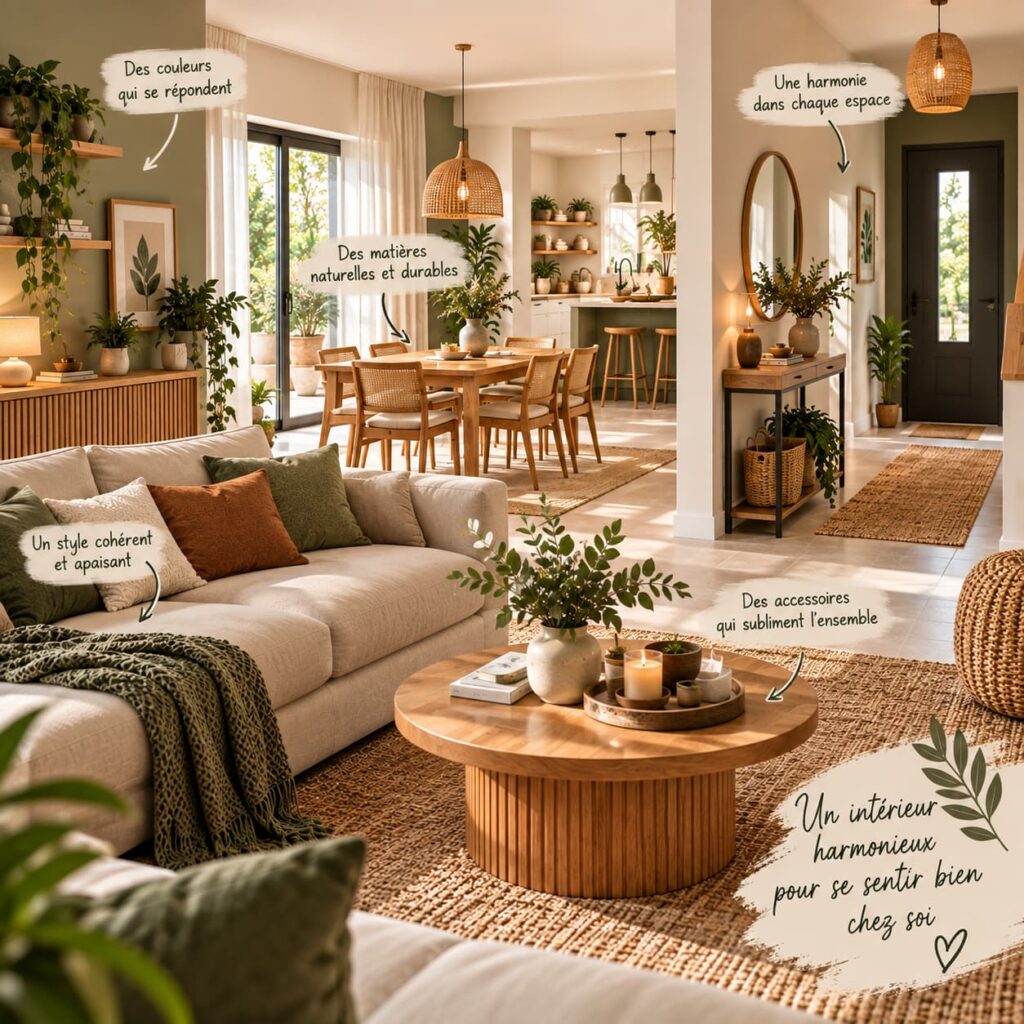Intérieur harmonieux avec salon, salle à manger et entrée coordonnés par les couleurs, matières naturelles, mobilier et accessoires
