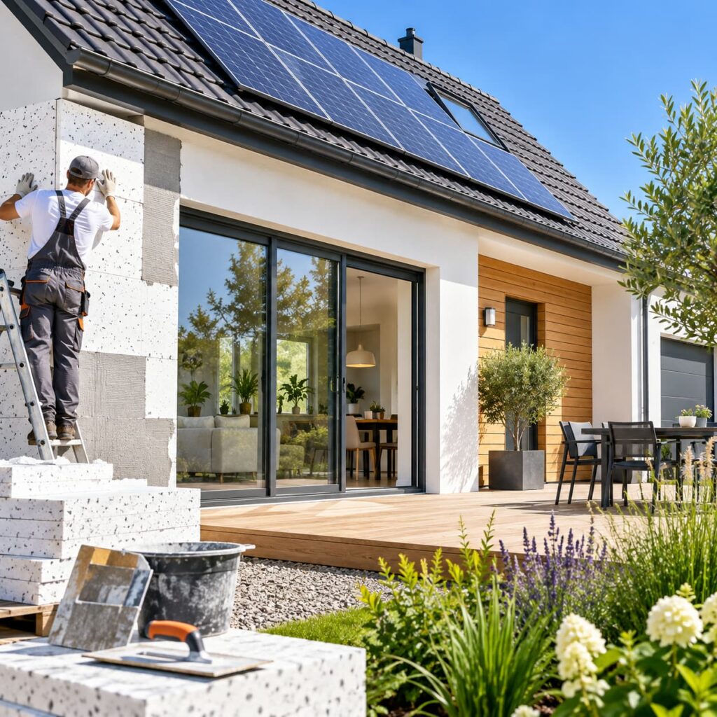Travaux de rénovation énergétique avec isolation extérieure et panneaux solaires pour valoriser une maison