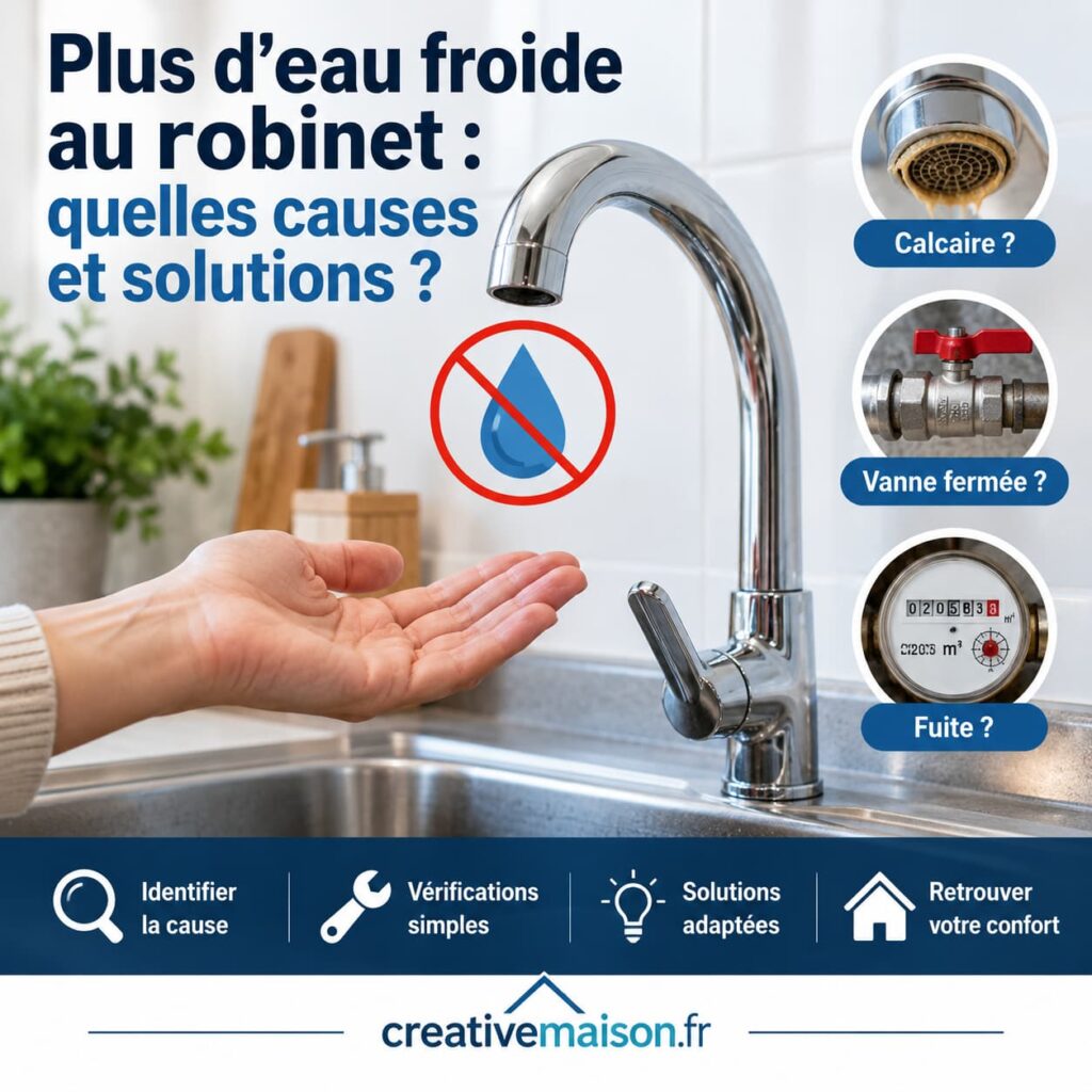 Panne d’eau froide au robinet avec vérification du calcaire, de la vanne et d’une éventuelle fuite pour identifier la cause