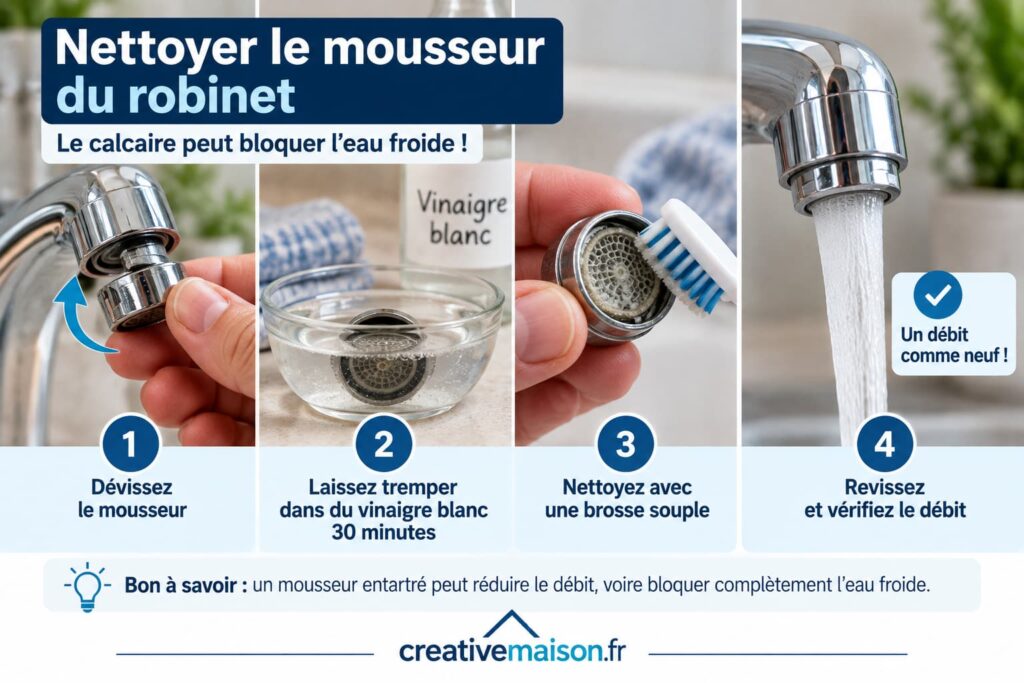 Nettoyage d’un mousseur de robinet entartré avec du vinaigre blanc pour éliminer le calcaire et rétablir le débit d’eau froide