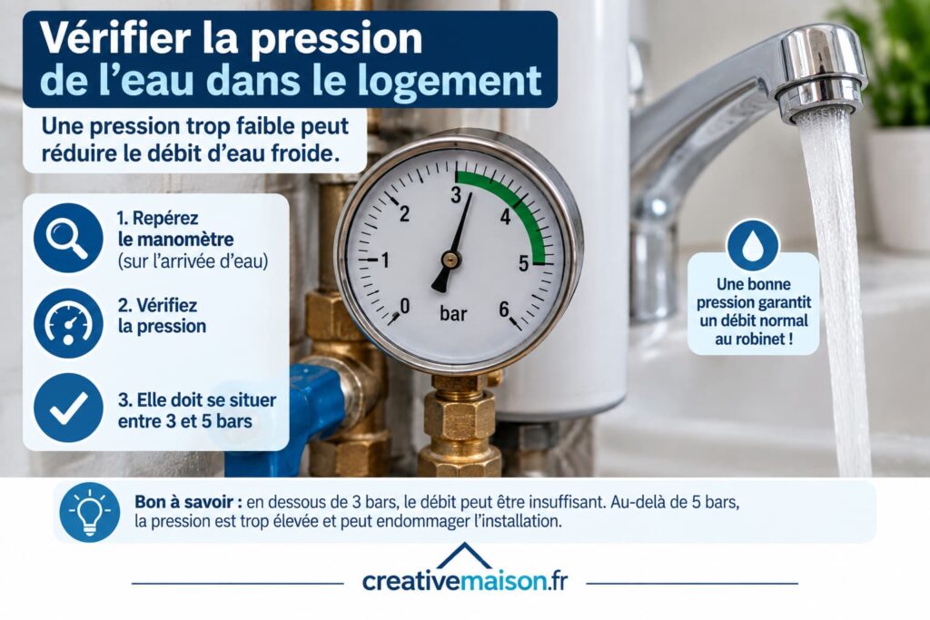 Contrôle de la pression d’eau avec un manomètre pour identifier une pression insuffisante pouvant réduire le débit d’eau froide au robinet