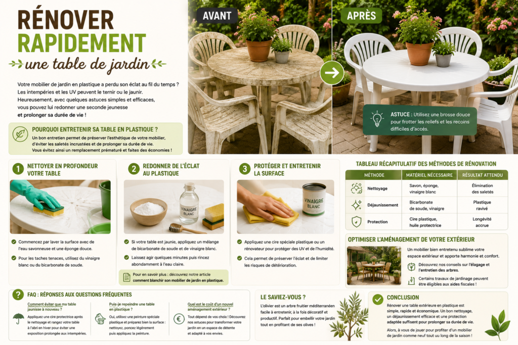 Table de jardin en plastique rénovée après nettoyage, installée sur une terrasse avec des plantes, illustrant l'entretien et la restauration du mobilier de jardin extérieur.