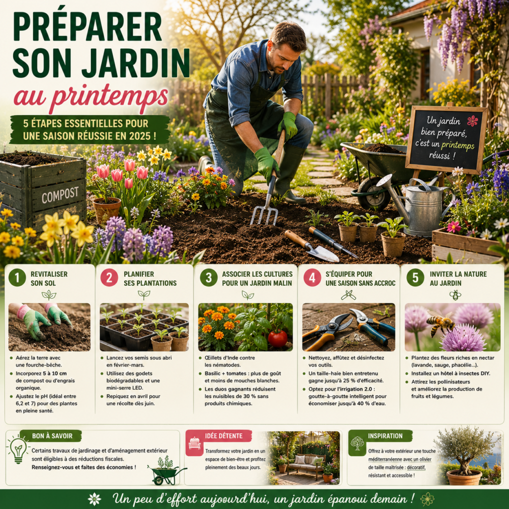 Jardinier préparant son jardin au printemps en ameublissant la terre avant les semis, avec des fleurs, des outils de jardinage et un compost dans un jardin ensoleillé.