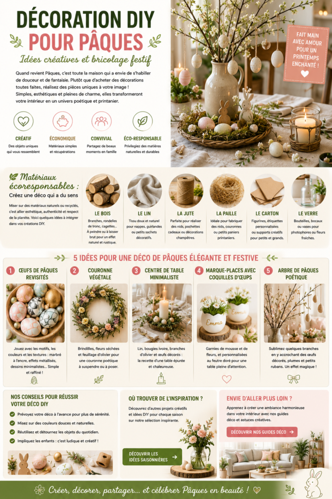Décoration DIY pour Pâques avec centre de table printanier, œufs peints à la main, lapins en bois, fleurs fraîches et bougies dans une ambiance naturelle et chaleureuse.