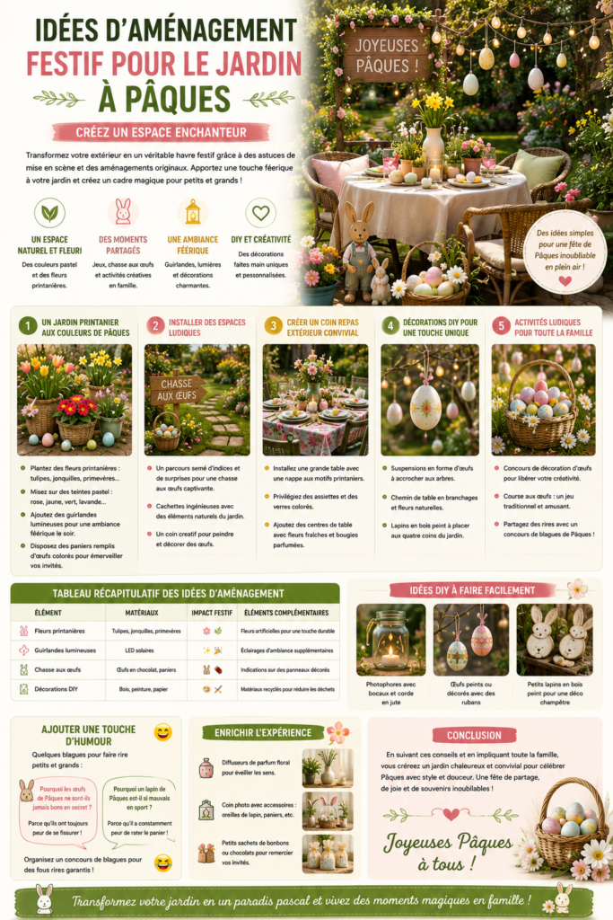 Préparer son jardin au printemps avec fleurs printanières, décoration de Pâques, chasse aux œufs et aménagement extérieur festif dans un jardin fleuri.