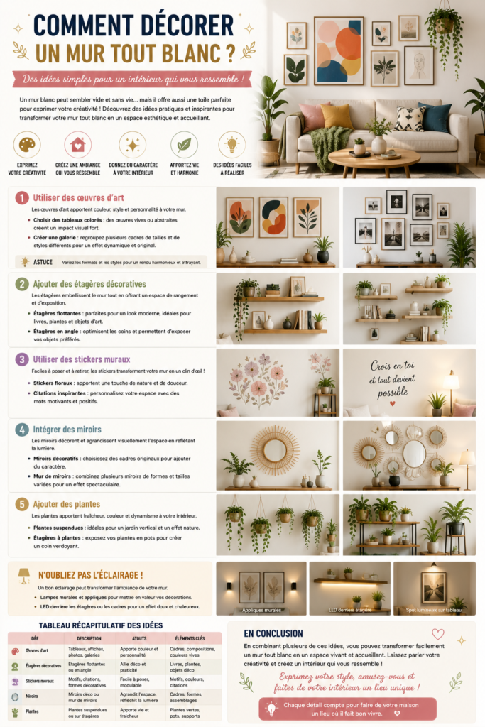 Salon moderne avec un mur blanc décoré de tableaux, étagères flottantes, miroirs design, plantes vertes et objets décoratifs créant une ambiance chaleureuse et contemporaine.