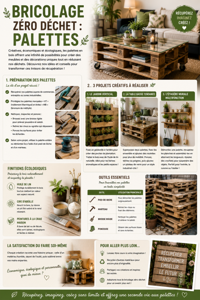 Meubles et décoration réalisés avec des palettes en bois recyclées : table basse, jardin vertical et étagère murale dans une démarche de bricolage zéro déchet.