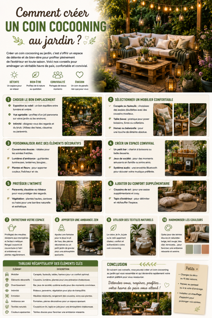Coin cocooning au jardin avec canapé d’extérieur, coussins moelleux, guirlandes lumineuses, lanternes, plantes en pots et mobilier en bois créant une ambiance chaleureuse et relaxante.