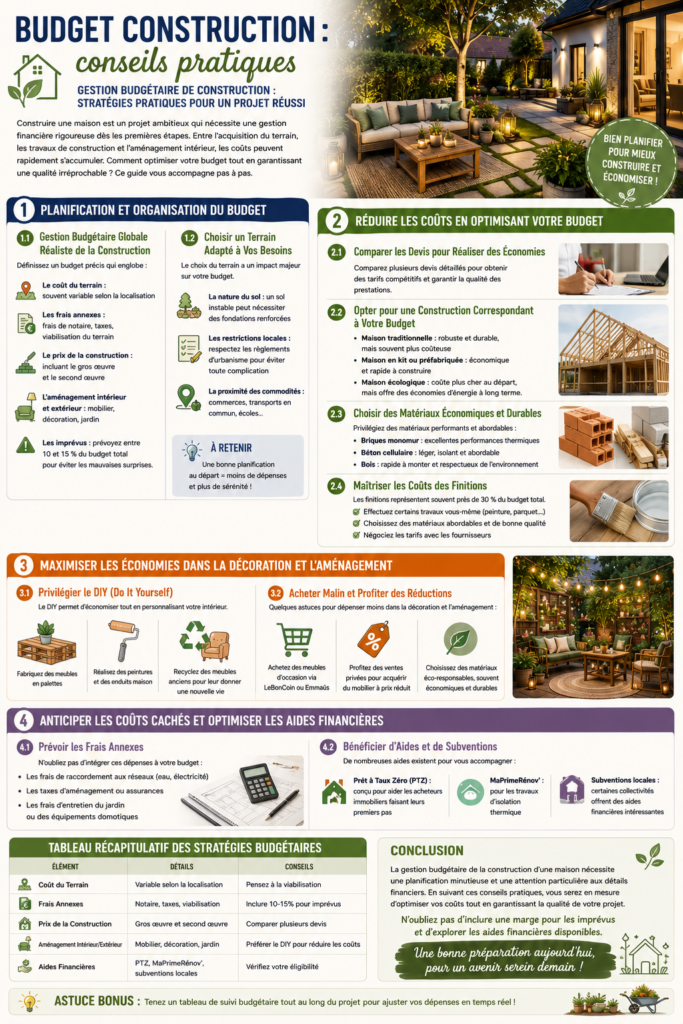 Maison en construction avec plan, calculatrice, matériaux de construction et espace extérieur aménagé illustrant la gestion du budget construction, les économies et la planification d’un projet immobilier.