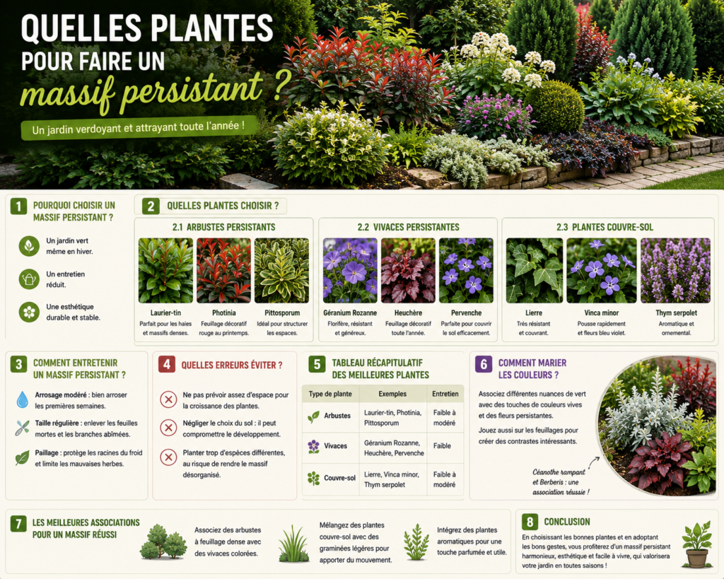 Massif persistant composé de lauriers-tins, photinias, heuchères, pervenches et plantes couvre-sol offrant un jardin verdoyant, fleuri et harmonieux en toutes saisons.