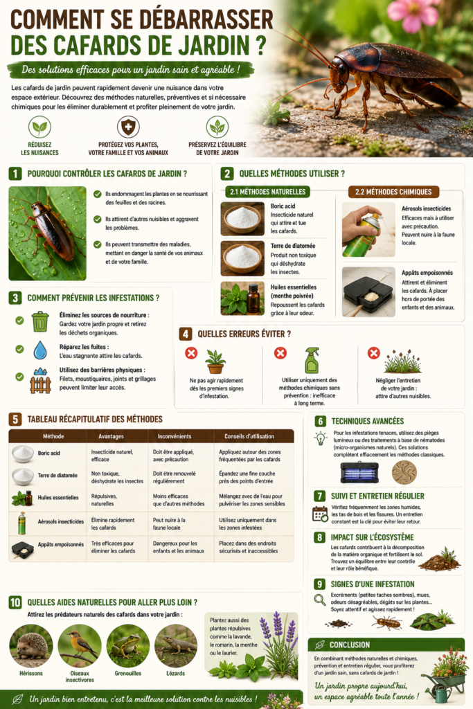 Cafard de jardin sur le sol près de plantes avec illustrations de terre de diatomée, acide borique et méthodes naturelles pour éliminer les nuisibles et protéger le jardin.