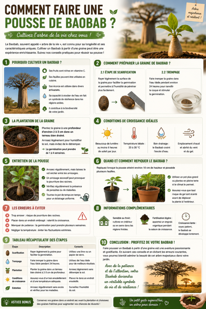 Jeune pousse de Baobab cultivée en pot après la germination d'une graine, avec les différentes étapes de scarification, plantation et entretien de l'arbre de vie.