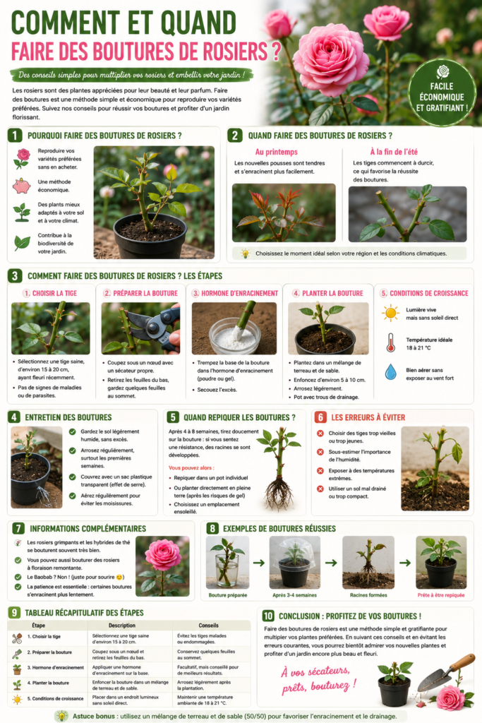 Bouture de rosier en cours d’enracinement avec tige fraîchement coupée, hormone d’enracinement, pot de terreau et jeune rosier en croissance dans un jardin fleuri.