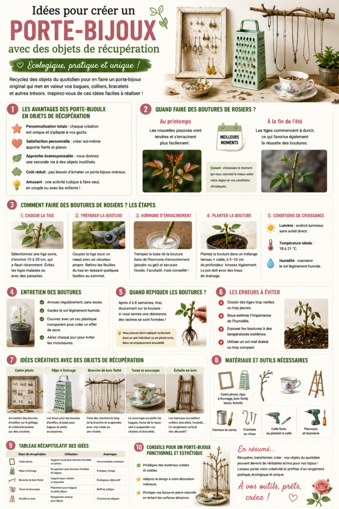 Porte-bijoux DIY réalisé avec des objets de récupération : cadre photo, branche en bois flotté, râpe à fromage, tasse vintage et échelle en bois pour ranger colliers, bracelets et boucles d’oreilles.